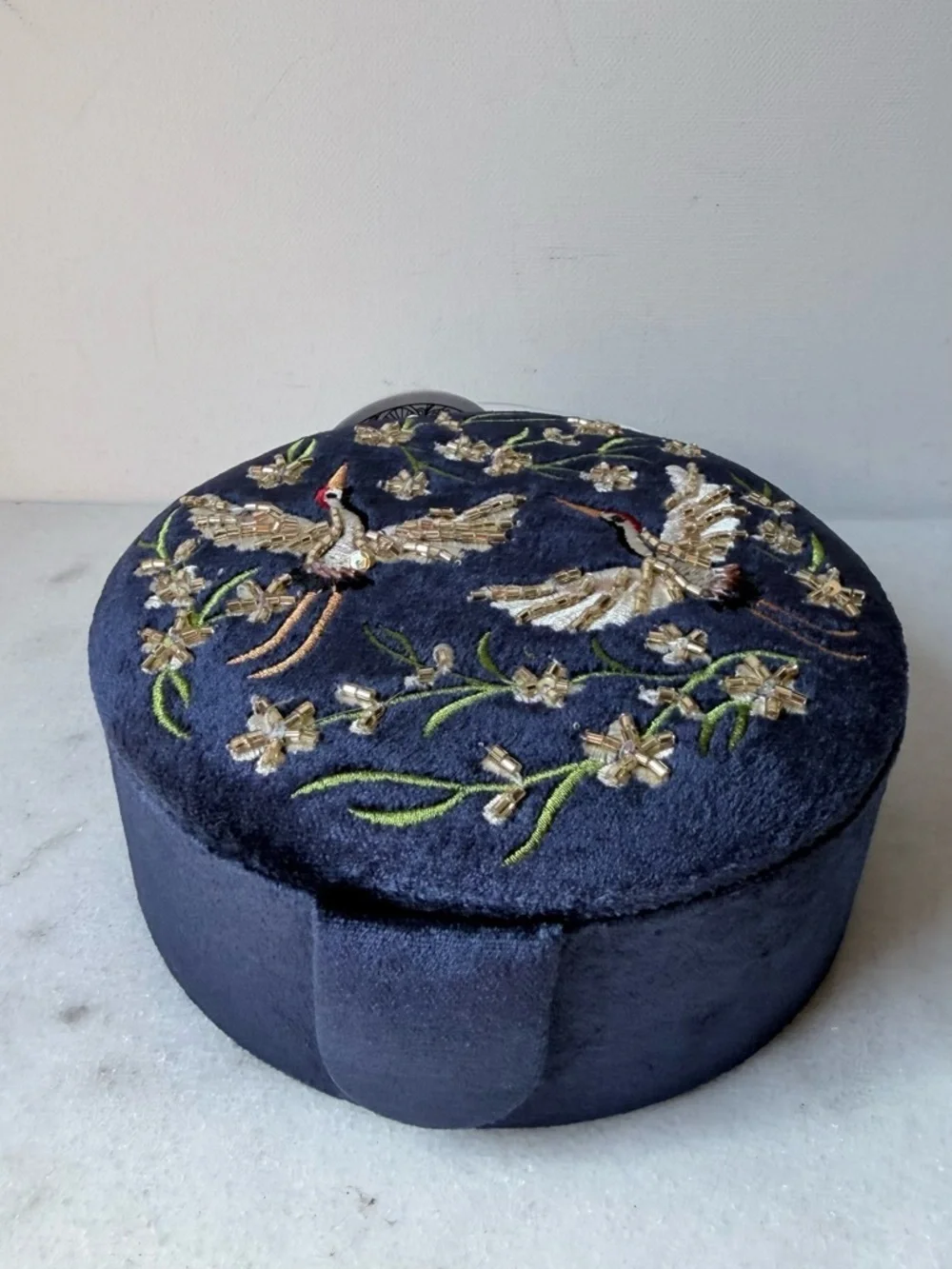 Embroidered Navy Velvet Decorative velvet Jewelry Box with Crane Motif travel